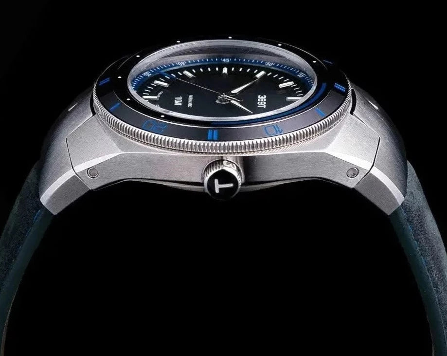 Side view of the 369T Watch Blue Bezel with doomed glass and Pivot Joint standing out