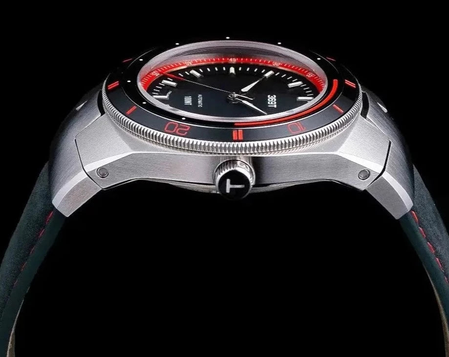 Beautiful side view of the 369T Red Bezel Watch with doomed glass and Pivot Joint standing out