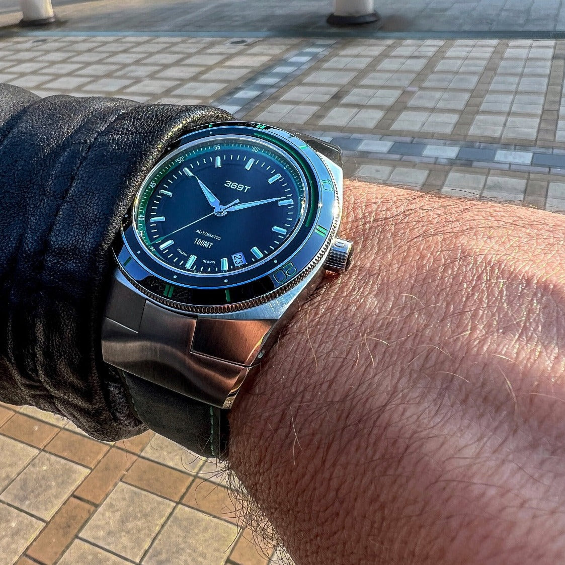 Beautiful green color bezel worn on the wrist