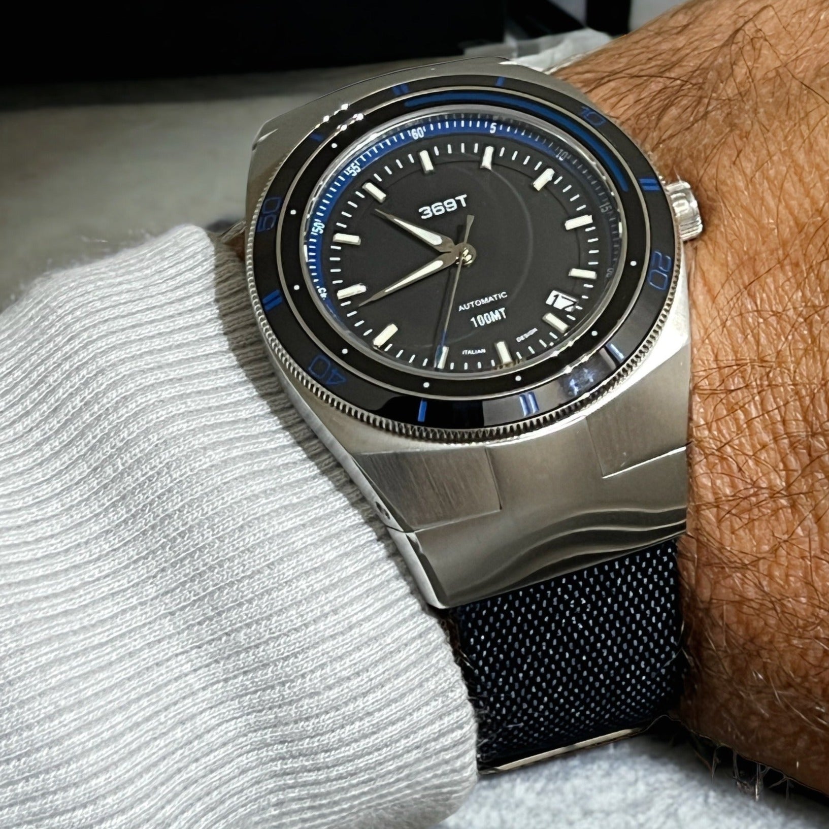 Beautiful Blue Canvas strap on the Blue Bezel Watch