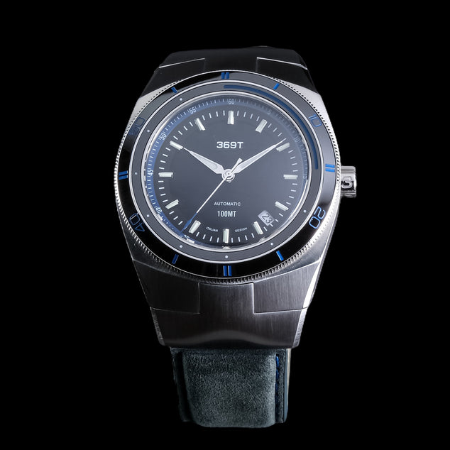 Front view of the 369 T Blue Bezel with engraved Crown